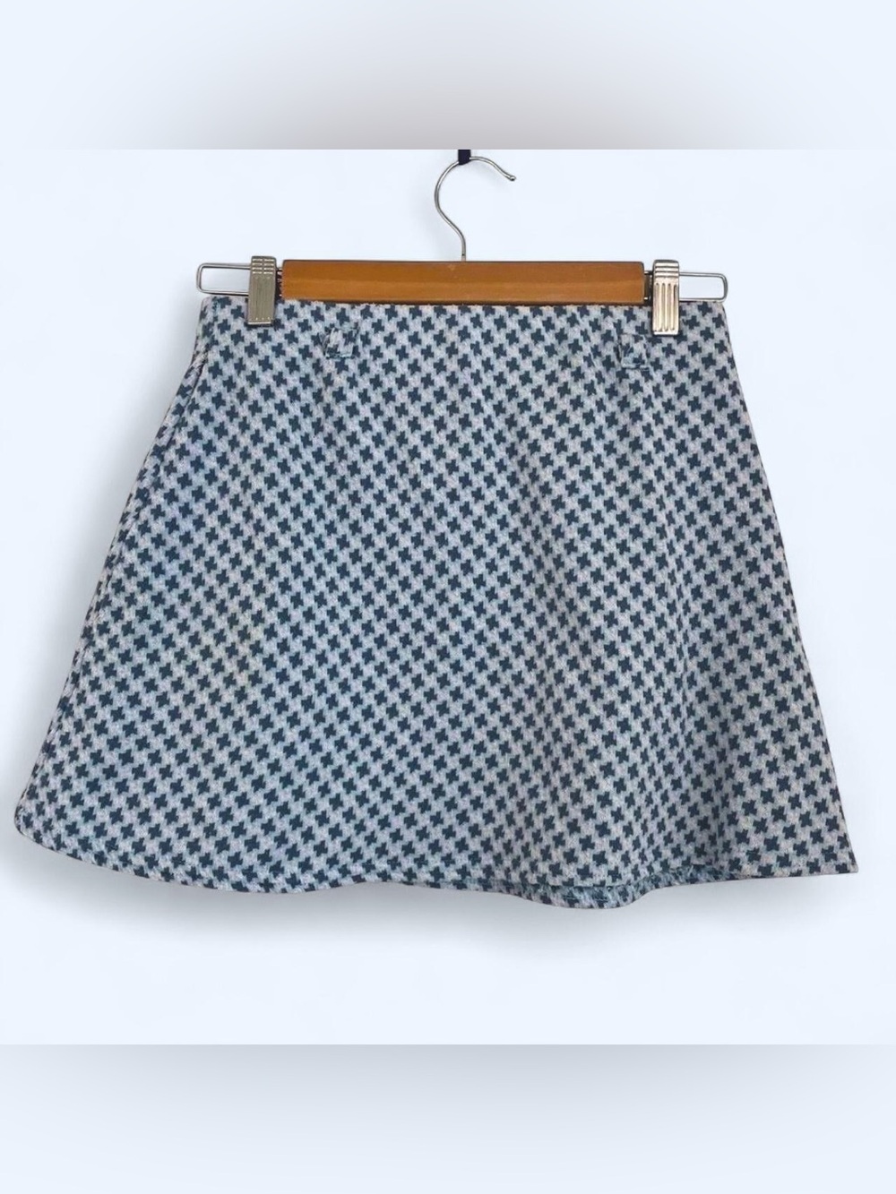 Vintage Blue & White Houndstooth Knit Mini Skirt